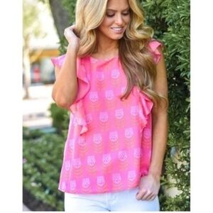 J. Marie Pink Orange THE EMMIE Maeve RUFFLE TOP, Lined, M, 19" Ptp